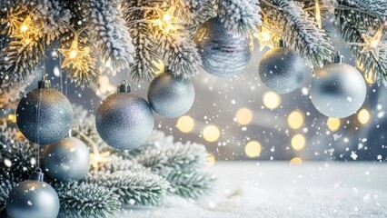 Elegant Silver Christmas Ornaments on Snowy Fir Branches with Twinkling Star Lights and Falling Snow