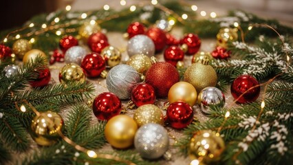 Festive Christmas Holiday Background with Sparkling Ornaments, Pine Branches, and Fairy Lights