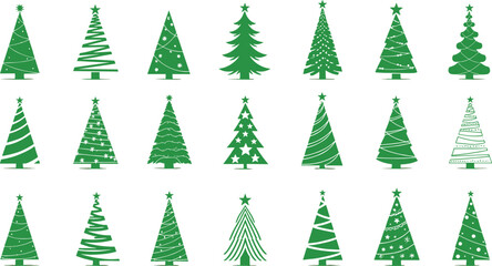 Christmas tree icon set, stylized festive green trees, ornaments, stars, snowflakes, garlands, holiday clipart bundle