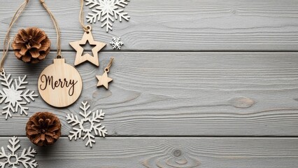 Rustic Christmas Decorations on Grey Wooden Background with Copy Space for Holiday Greeting or Design
