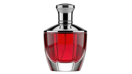 Elegant red perfume bottle with silver cap isolated on transparent background