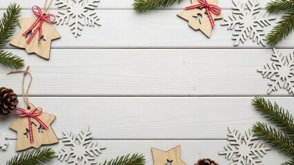 Rustic Christmas Holiday Flat Lay on White Wooden Background with Fir Branches and Ornaments for Copyspace