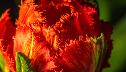 Close-up of a vibrant red and orange fringed tulip with intricate ruffled petals and green accents, showcasing its unique texture and color.