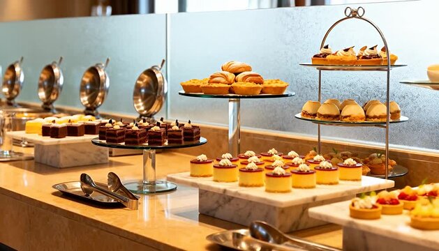 Indulgent dessert buffet spread with assorted mini cakes, tarts, and pastries for events dessert buffet.