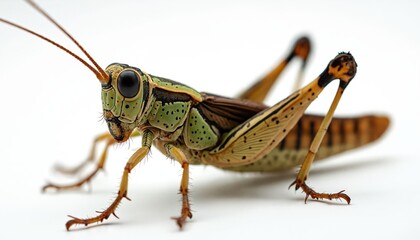 Detailed macro shot of a grasshopper against a white background. Its green body features black spots and stripes. The insect has large black eyes and long antennae. Legs are thin and orange.