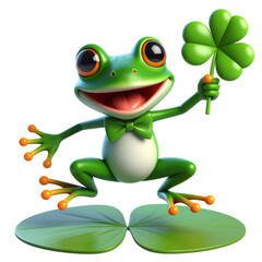 Fototapeta premium Lucky Frog's Charm: An animated frog gleefully clutches a four-leaf clover, embodying the spirit of luck and good fortune with its charming and whimsical design.