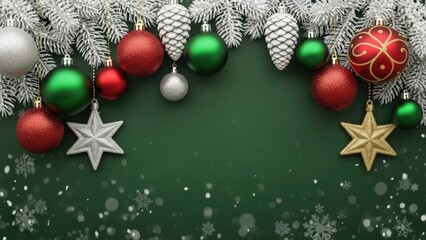 Festive Christmas Holiday Background with Ornaments, Frosted Fir Branches, and Snowflakes on Green Copyspace