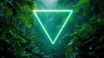 Neon triangle in lush rainforest, nature's geometry with electric glow.
