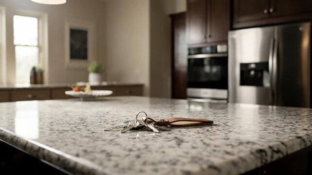Keys left on a granite countertop in a modern kitchen.