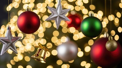 Vibrant Christmas Ornaments with Golden Bokeh Lights for Festive Holiday Celebrations