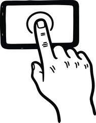 PrintHand-drawn simple finger tapping on a screen icon, doodle solid black on white, quick interaction sketch