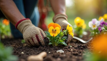 Fototapeta premium Person wearing gloves planting yellow flower in garden. Hands in soil with gardening tool. Colorful flowers in background. Gardener working outdoors in sunny yard.