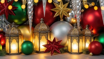 Warmly Lit Christmas Lanterns and Ornaments Festive Holiday Background