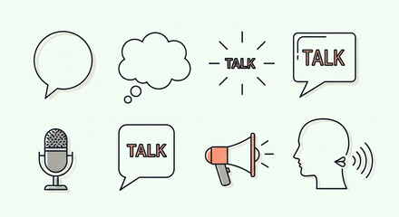Dynamic collection of line art icons representing communication concepts like talking listening and broadcasting for business presentations