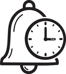 Hand-drawn simple bell with a clock icon, doodle solid black on white, indicating reminder set, quick alert sketch\