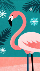 Tropical Christmas Flamingo concept. Colorful illustration of a flamingo surrounded by tropical leaves and snowflakes.