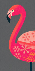 Tropical Christmas Flamingo concept. Colorful flamingo illustration with decorative patterns against a textured background.
