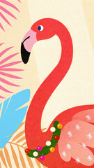 Tropical Christmas Flamingo concept. Colorful illustrated flamingo surrounded by tropical foliage and flowers.