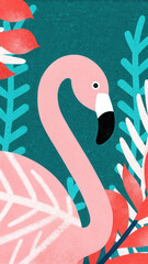 Tropical Christmas Flamingo concept. Colorful illustration of a pink flamingo surrounded by tropical foliage.