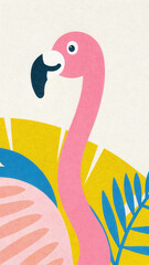 Tropical Christmas Flamingo concept. Colorful illustration of a flamingo surrounded by tropical leaves and vibrant designs.