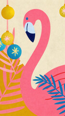 Tropical Christmas Flamingo concept. Vibrant pink flamingo with decorative ornaments and foliage elements, showcasing a playful design.