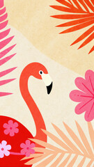 Tropical Christmas Flamingo concept. Brightly colored illustration featuring a flamingo surrounded by tropical plants and flowers.