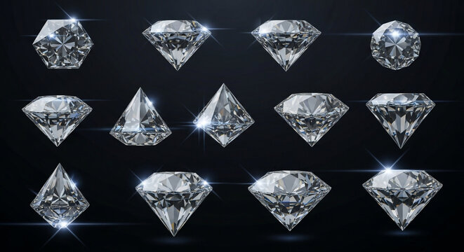 Stunning collection of brilliant cut diamonds showcasing various facets and shapes floating against a dark background