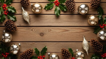 Rustic Christmas Holiday Border with Pinecones, Holly, and Ornaments on Wood Background with Copy Space