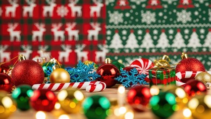 Festive Christmas Holiday Decorations with Bokeh Lights and Patterned Background