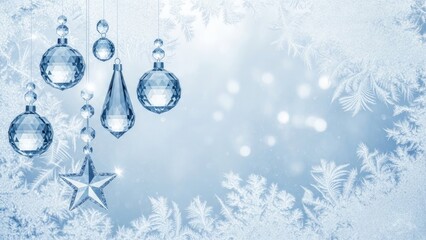 Elegant Icy Blue Winter Holiday Background with Sparkling Crystal Ornaments and Frosted Frame