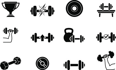 Fitness and gym equipment icons set black and white