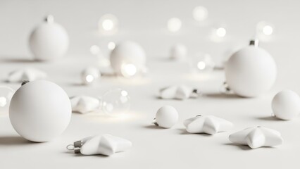 Elegant White Christmas Ornaments and Stars with Bokeh Lights on a Clean Minimalist Background
