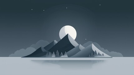 Minimalist vector illustration of mountains and a moon with simple grey shapes and flat design, featuring subtle lighting in a tranquil night scene.