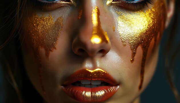 Woman face with glossy gold paint drips. Artistic makeup covers girl skin. Luxury beauty portrait depicts cosmetic concept, fashion trends, golden art. Gold powder shines on lady face, reflects light.