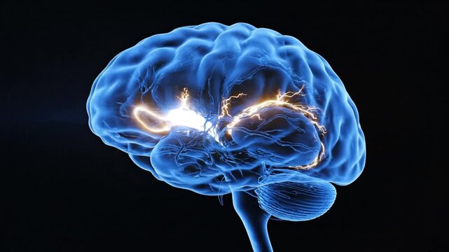 Scientific visualization of cognitive function with glowing synapses and neural network activity in the cerebral cortex