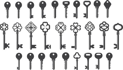 Obraz premium Black vintage shapes set with antique key silhouettes, medieval and modern keys. Abstract tidy vector elements, privacy and escape, open door symbols.eps