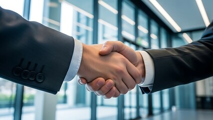 Close up of business handshake in modern office building