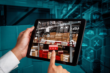 Smart warehouse management system using augmented reality technology to identify package picking and delivery . Future concept of supply chain and logistic business .