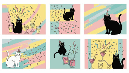Cats in party hats celebrate with drinks and confetti.