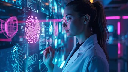 Female Scientist Analyzing Holographic Biometric Fingerprint Data on a Futuristic Interactive Display in a High-Tech Lab