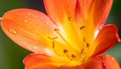 Close-up view of a vibrant orange and yellow flower with delicate water droplets on its petals, showcasing its intricate center and natural beauty.