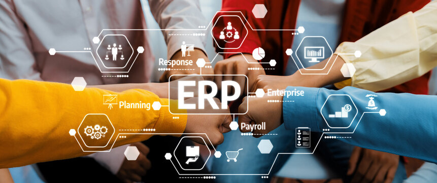 A diverse team collaborates with hands united showcasing essential elements of ERP for enterprise success. Focus on planning, payroll, and management for enhanced productivity. Amity