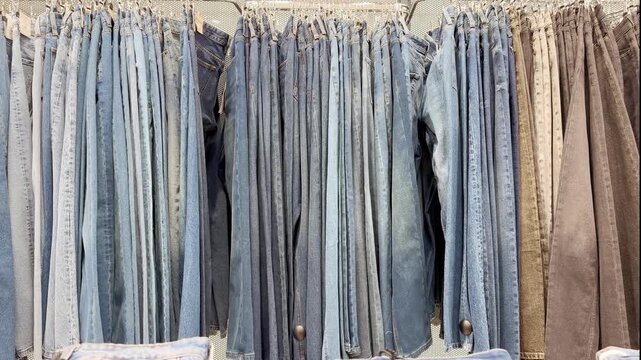  choosing jeans  in a shopping mall. clothes hangers