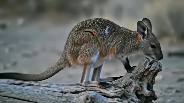 A resilient jerboa proudly stands on a weathered log in a dusty terrain, its remarkable ability to thrive in harsh environments perfectly encapsulating the concept of navigating challenges with.