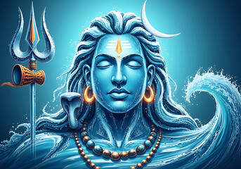 Blue Hindu deity Shiva with trident and crescent moon 2