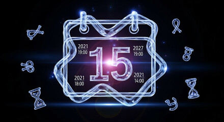 Stunning digital calendar displaying the number fifteen with glowing futuristic time elements against a dark background