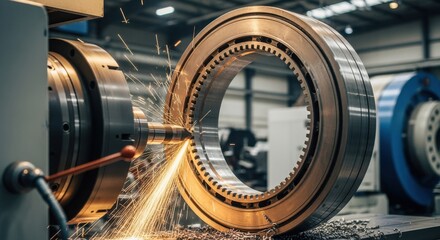 Heavyduty lathe shaping large steel rings essential components of an azimuth bearing for an observatory dome.