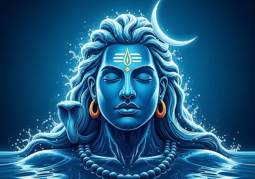 Blue Lord Shiva meditating with crescent moon and snake - Powered by Adobe