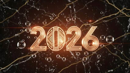 Golden art deco style number 2026 glowing brightly against a dark, marbled background with subtle golden veins and floating water bubbles, symbolizing a futuristic new year celebration or anniversary