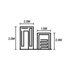 Line Art Icon of Two Buildings with Dimensions: 2.0M Width, 2.0M Height, and 1.0M Width